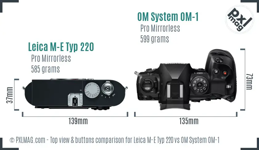 Leica M-E Typ 220 vs OM System OM-1 top view buttons comparison