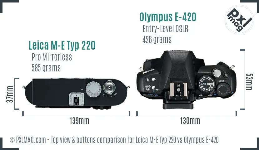 Leica M-E Typ 220 vs Olympus E-420 top view buttons comparison