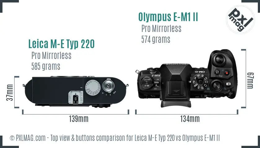 Leica M-E Typ 220 vs Olympus E-M1 II top view buttons comparison