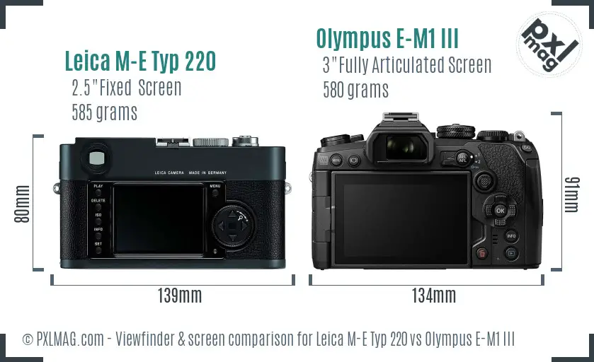 Leica M-E Typ 220 vs Olympus E-M1 III Screen and Viewfinder comparison