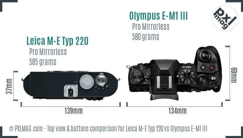 Leica M-E Typ 220 vs Olympus E-M1 III top view buttons comparison