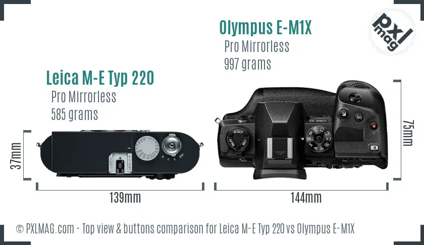 Leica M-E Typ 220 vs Olympus E-M1X top view buttons comparison