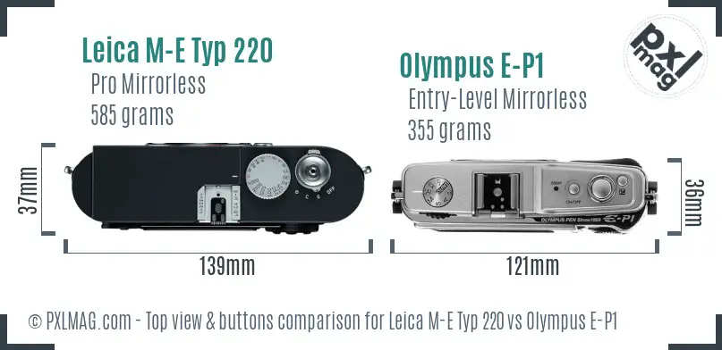 Leica M-E Typ 220 vs Olympus E-P1 top view buttons comparison