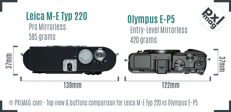 Leica M-E Typ 220 vs Olympus E-P5 top view buttons comparison Leica M-E Typ 220 vs Olympus E-P5 top view buttons comparison