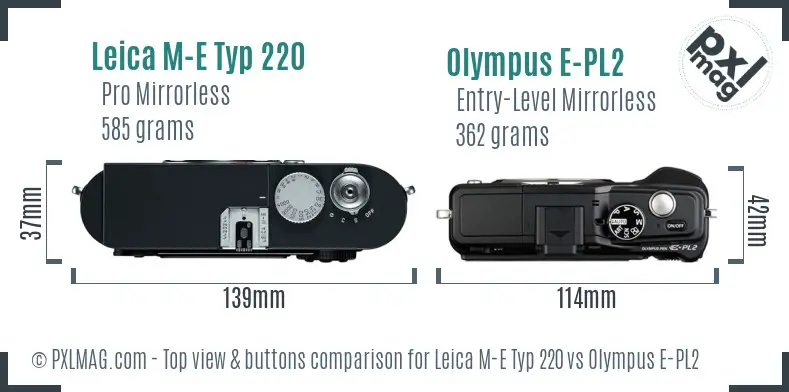 Leica M-E Typ 220 vs Olympus E-PL2 top view buttons comparison