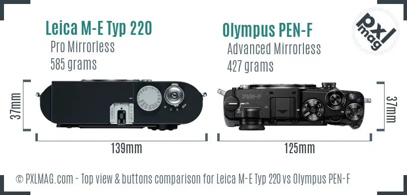 Leica M-E Typ 220 vs Olympus PEN-F top view buttons comparison