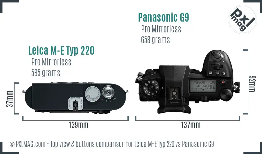 Leica M-E Typ 220 vs Panasonic G9 top view buttons comparison