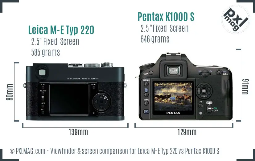 Leica M-E Typ 220 vs Pentax K100D S Screen and Viewfinder comparison