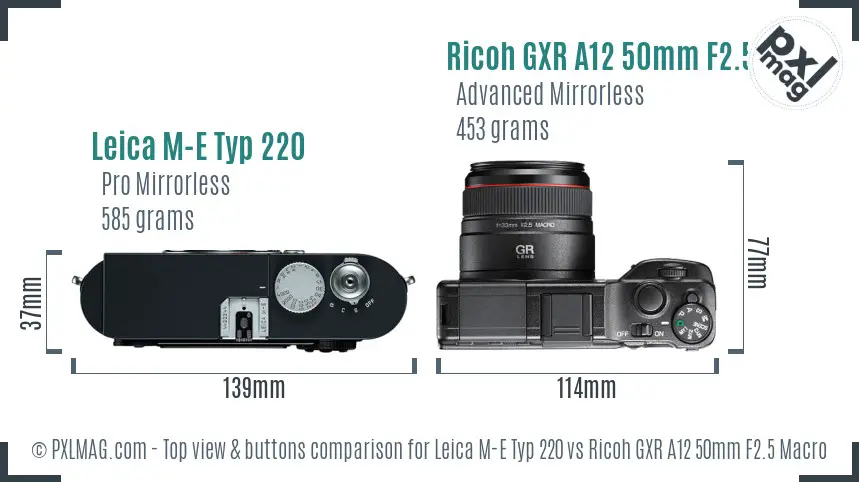 Leica M-E Typ 220 vs Ricoh GXR A12 50mm F2.5 Macro top view buttons comparison
