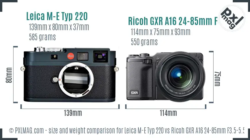 Leica M-E Typ 220 vs Ricoh GXR A16 24-85mm F3.5-5.5 size comparison
