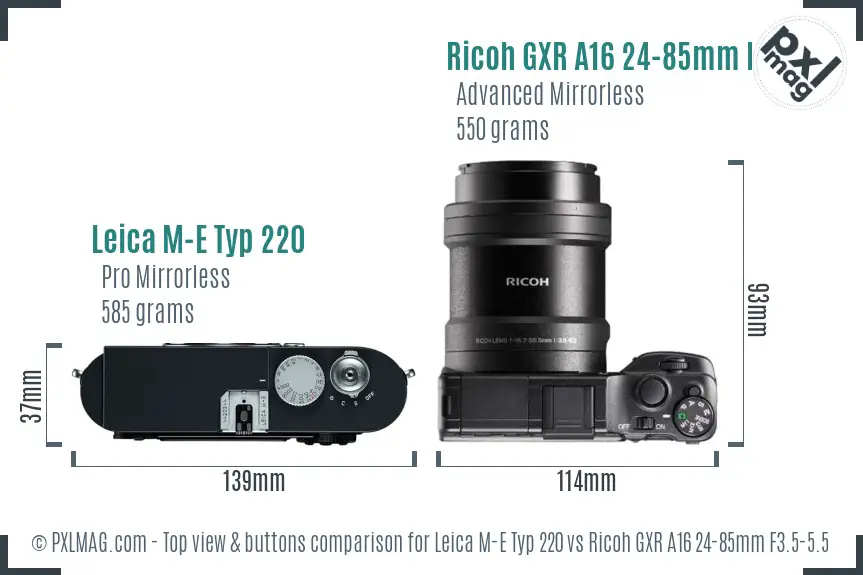 Leica M-E Typ 220 vs Ricoh GXR A16 24-85mm F3.5-5.5 top view buttons comparison