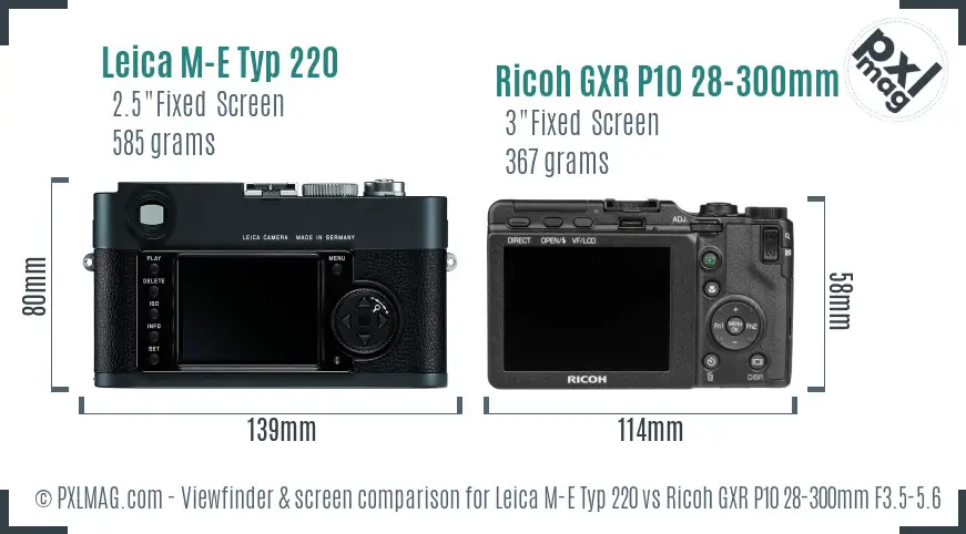 Leica M-E Typ 220 vs Ricoh GXR P10 28-300mm F3.5-5.6 VC Screen and Viewfinder comparison
