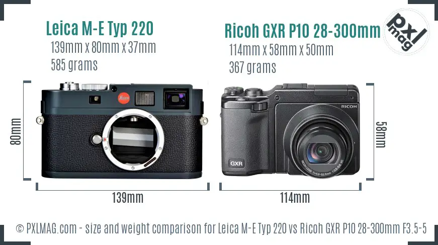 Leica M-E Typ 220 vs Ricoh GXR P10 28-300mm F3.5-5.6 VC size comparison