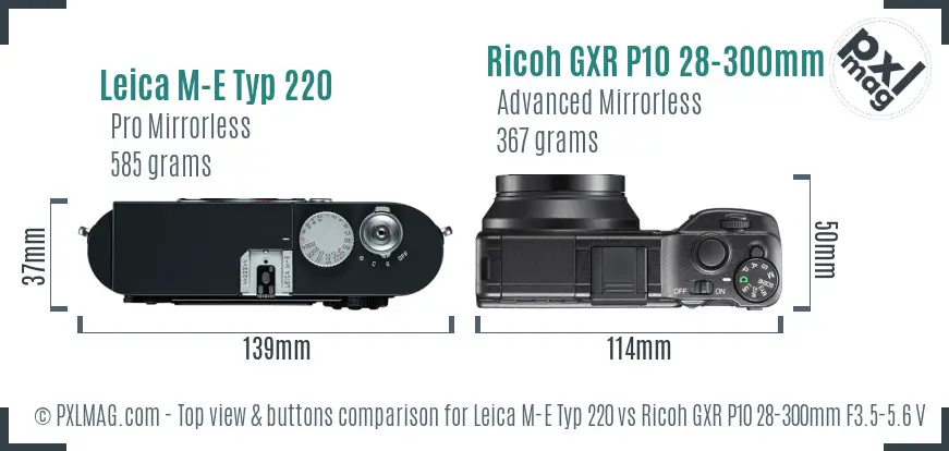 Leica M-E Typ 220 vs Ricoh GXR P10 28-300mm F3.5-5.6 VC top view buttons comparison