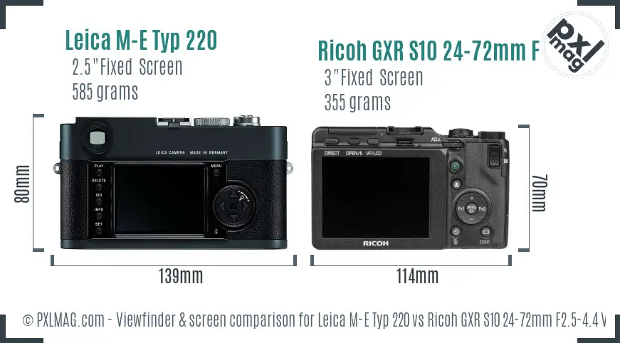 Leica M-E Typ 220 vs Ricoh GXR S10 24-72mm F2.5-4.4 VC Screen and Viewfinder comparison