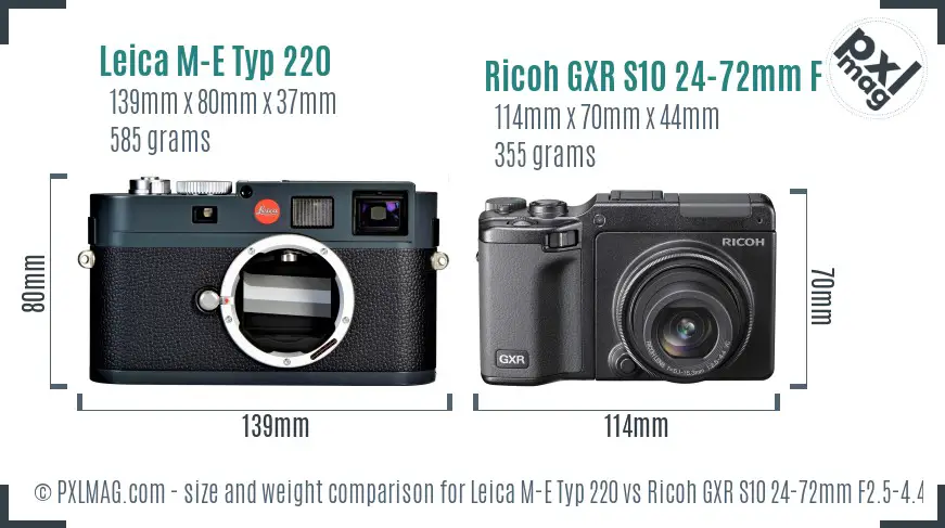 Leica M-E Typ 220 vs Ricoh GXR S10 24-72mm F2.5-4.4 VC size comparison