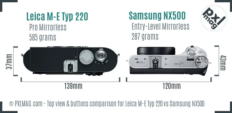 Leica M-E Typ 220 vs Samsung NX500 top view buttons comparison