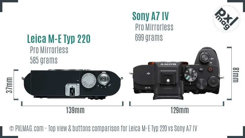 Leica M-E Typ 220 vs Sony A7 IV top view buttons comparison