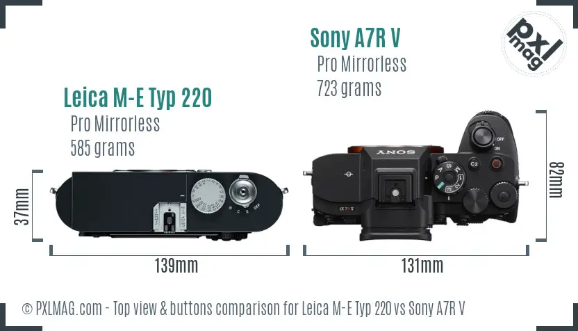 Leica M-E Typ 220 vs Sony A7R V top view buttons comparison