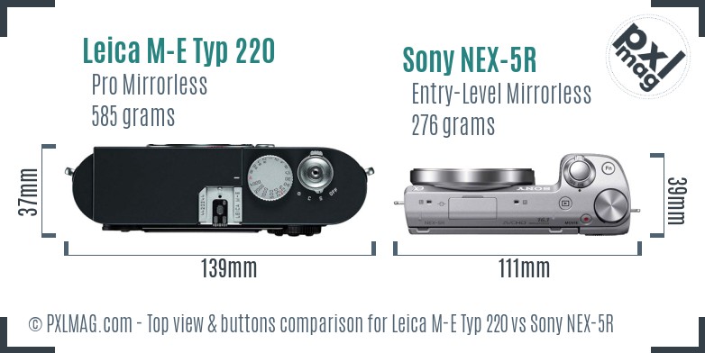 Leica M-E Typ 220 vs Sony NEX-5R top view buttons comparison