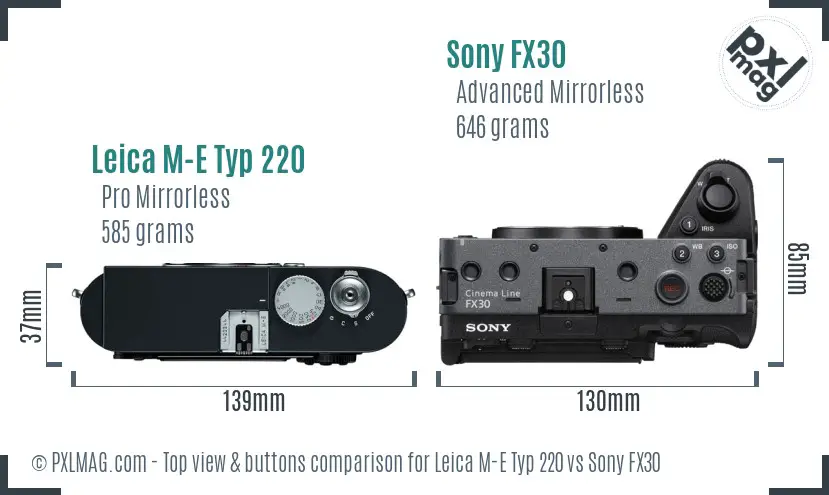 Leica M-E Typ 220 vs Sony FX30 top view buttons comparison Leica M-E Typ 220 vs Sony FX30 top view buttons comparison