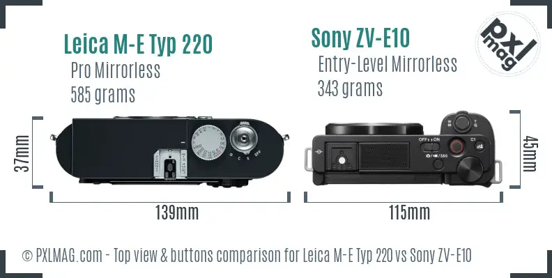 Leica M-E Typ 220 vs Sony ZV-E10 top view buttons comparison