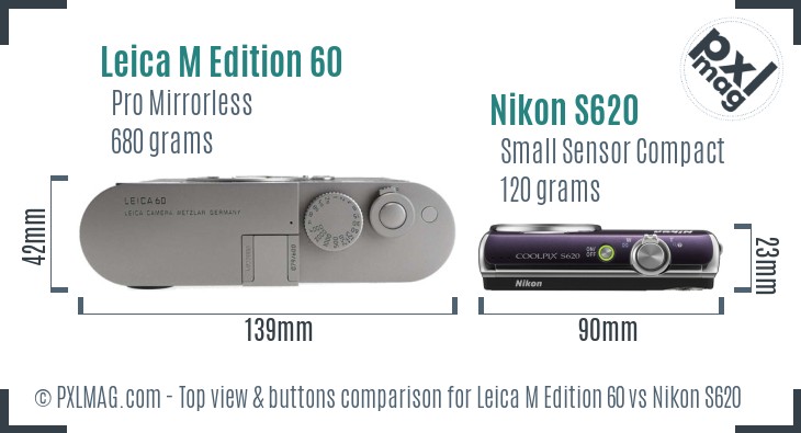 Leica M Edition 60 vs Nikon S620 top view buttons comparison
