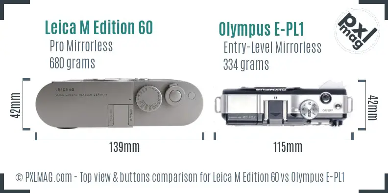 Leica M Edition 60 vs Olympus E-PL1 top view buttons comparison Leica M Edition 60 vs Olympus E-PL1 top view buttons comparison