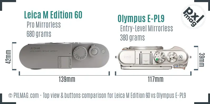 Leica M Edition 60 vs Olympus E-PL9 top view buttons comparison Leica M Edition 60 vs Olympus E-PL9 top view buttons comparison