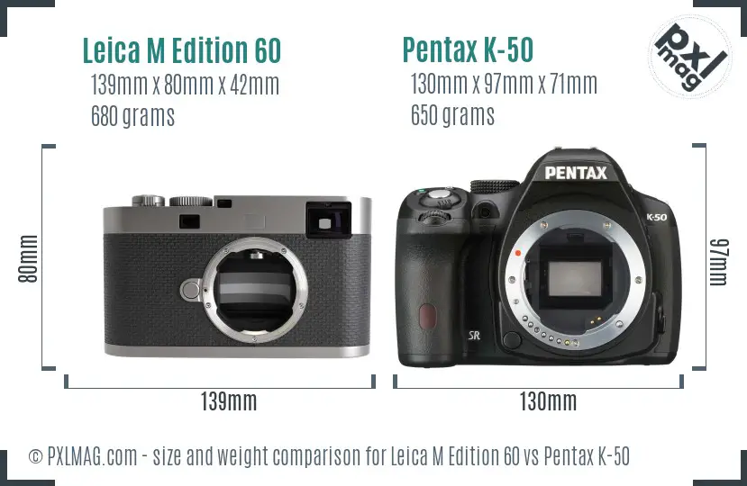Leica M Edition 60 vs Pentax K-50 size comparison