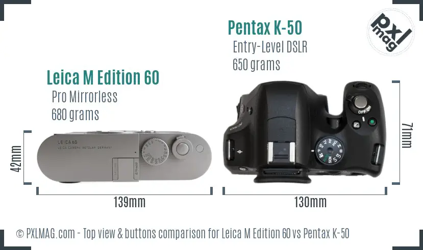 Leica M Edition 60 vs Pentax K-50 top view buttons comparison