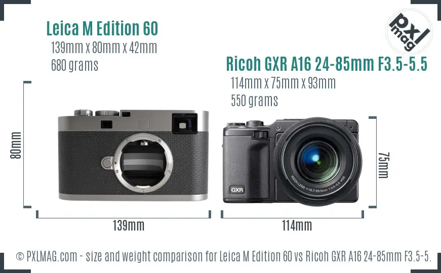 Leica M Edition 60 vs Ricoh GXR A16 24-85mm F3.5-5.5 size comparison