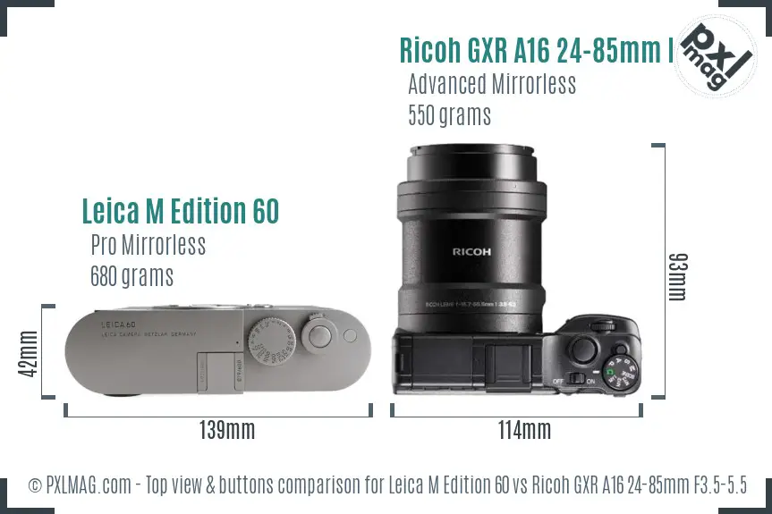 Leica M Edition 60 vs Ricoh GXR A16 24-85mm F3.5-5.5 top view buttons comparison