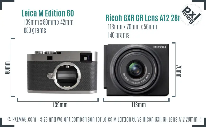Leica M Edition 60 vs Ricoh GXR GR Lens A12 28mm F2.5 size comparison