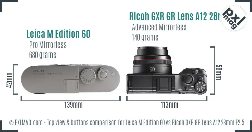 Leica M Edition 60 vs Ricoh GXR GR Lens A12 28mm F2.5 top view buttons comparison