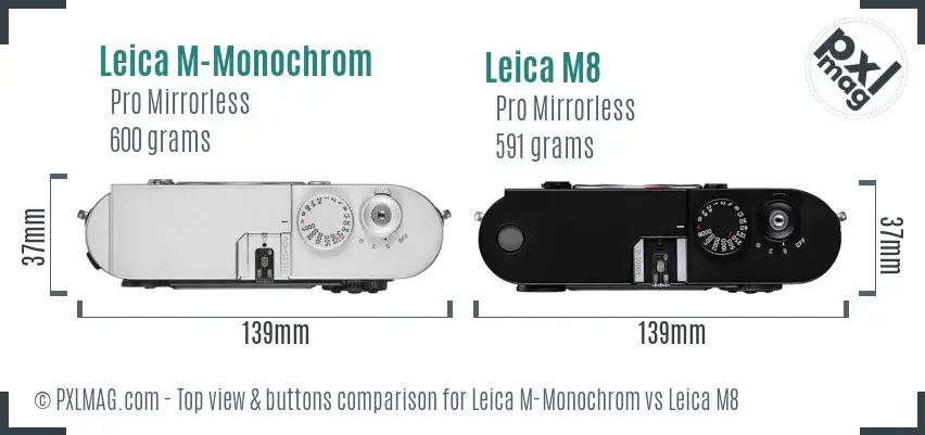 Leica M-Monochrom vs Leica M8 top view buttons comparison