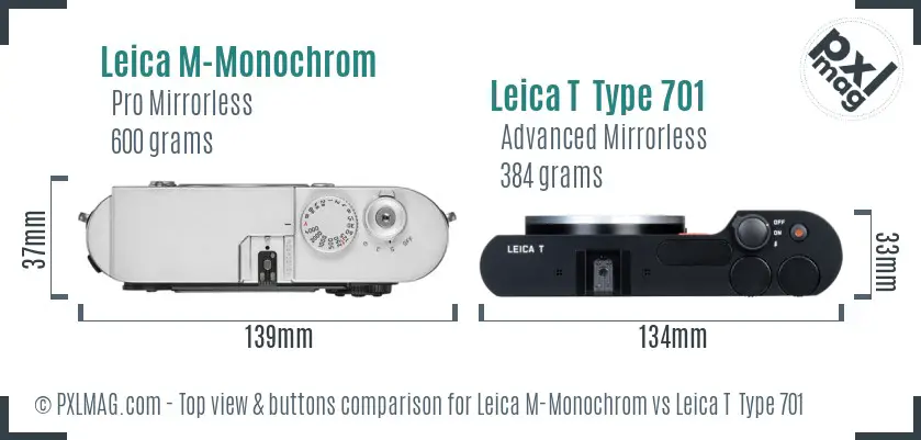 Leica M-Monochrom vs Leica T Type 701 top view buttons comparison Leica M-Monochrom vs Leica T Type 701 top view buttons comparison