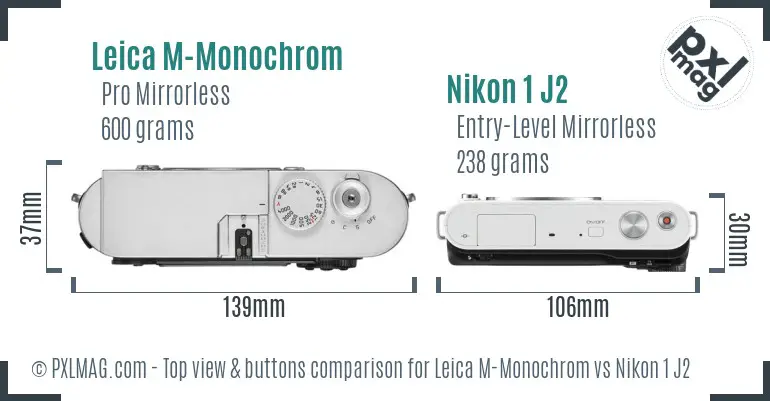 Leica M-Monochrom vs Nikon 1 J2 top view buttons comparison Leica M-Monochrom vs Nikon 1 J2 top view buttons comparison