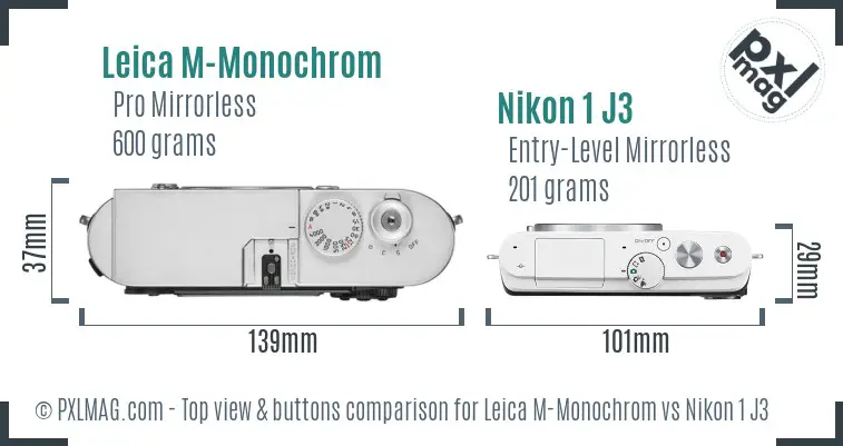 Leica M-Monochrom vs Nikon 1 J3 top view buttons comparison