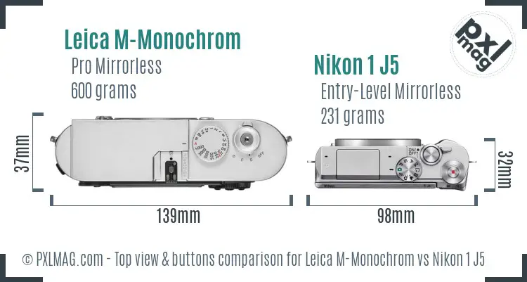 Leica M-Monochrom vs Nikon 1 J5 top view buttons comparison