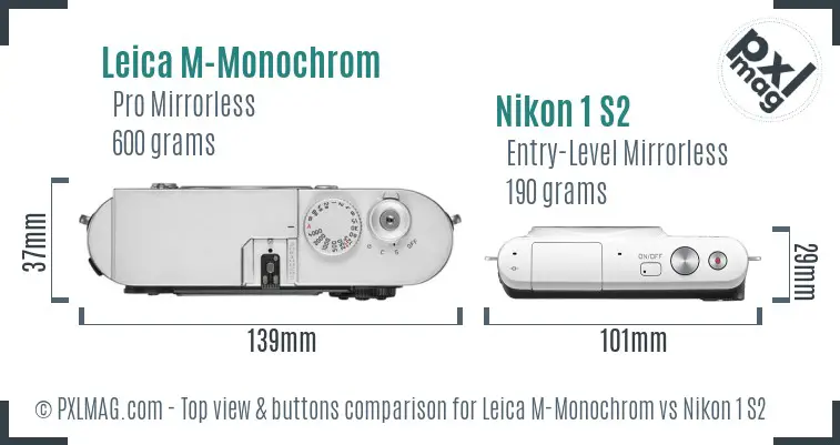 Leica M-Monochrom vs Nikon 1 S2 top view buttons comparison