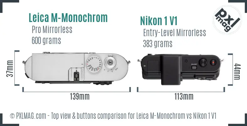 Leica M-Monochrom vs Nikon 1 V1 top view buttons comparison