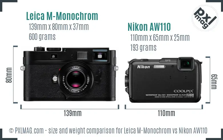 Leica M-Monochrom vs Nikon AW110 size comparison