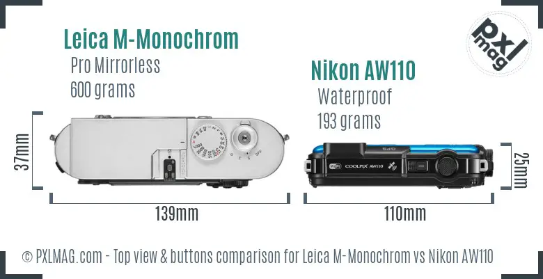 Leica M-Monochrom vs Nikon AW110 top view buttons comparison