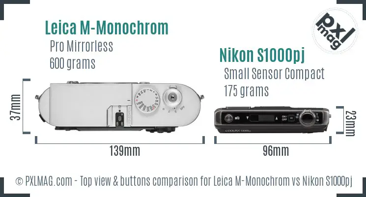 Leica M-Monochrom vs Nikon S1000pj top view buttons comparison