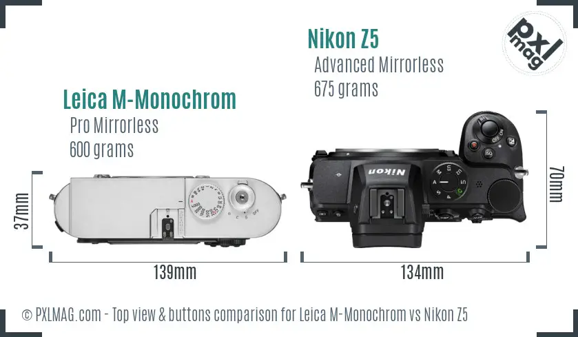 Leica M-Monochrom vs Nikon Z5 top view buttons comparison