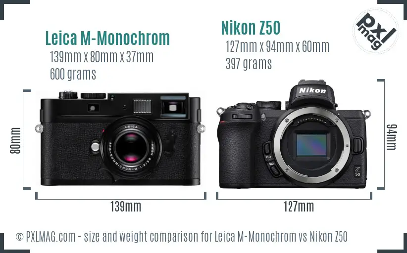 Leica M-Monochrom vs Nikon Z50 size comparison