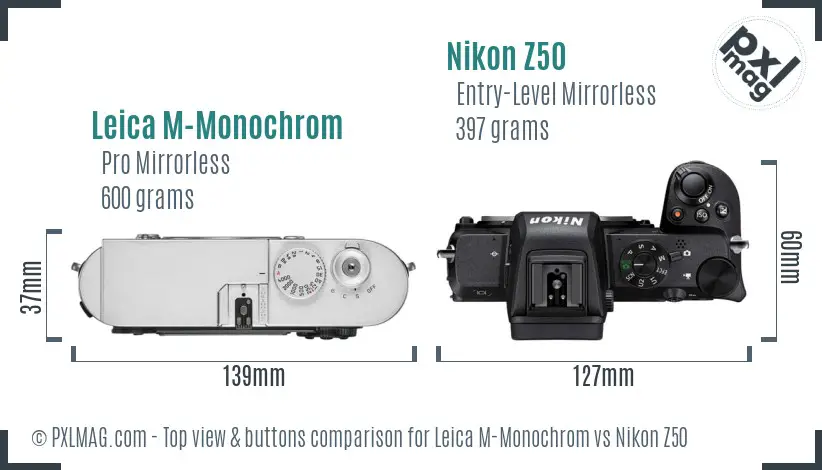 Leica M-Monochrom vs Nikon Z50 top view buttons comparison