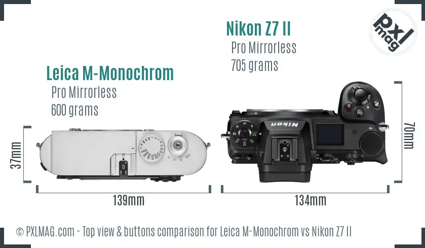 Leica M-Monochrom vs Nikon Z7 II top view buttons comparison