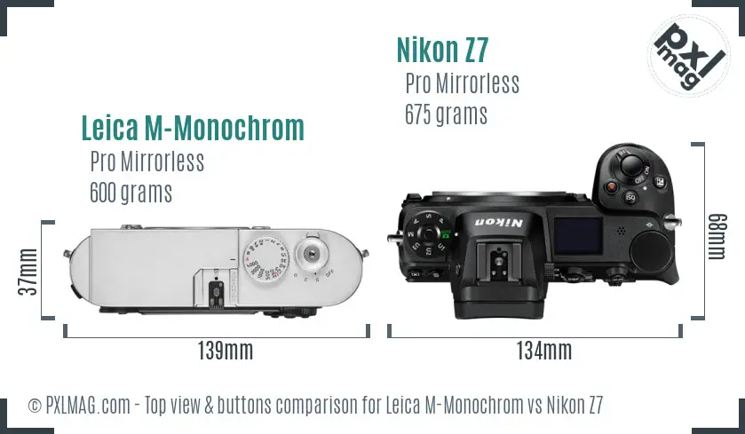 Leica M-Monochrom vs Nikon Z7 top view buttons comparison